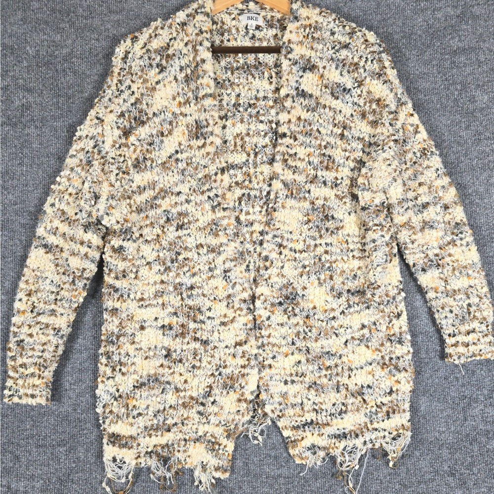 BKE Textured Knit Cardigan Sweater Multi Color Open Front Distressed Size Small